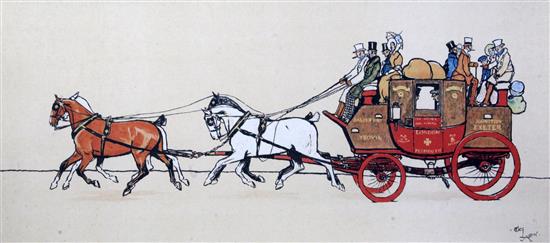 Cecil Aldin (1870-1935) Mail coaches Perth Aberdeen and London Plymouth, 12.5 x 26.5in.